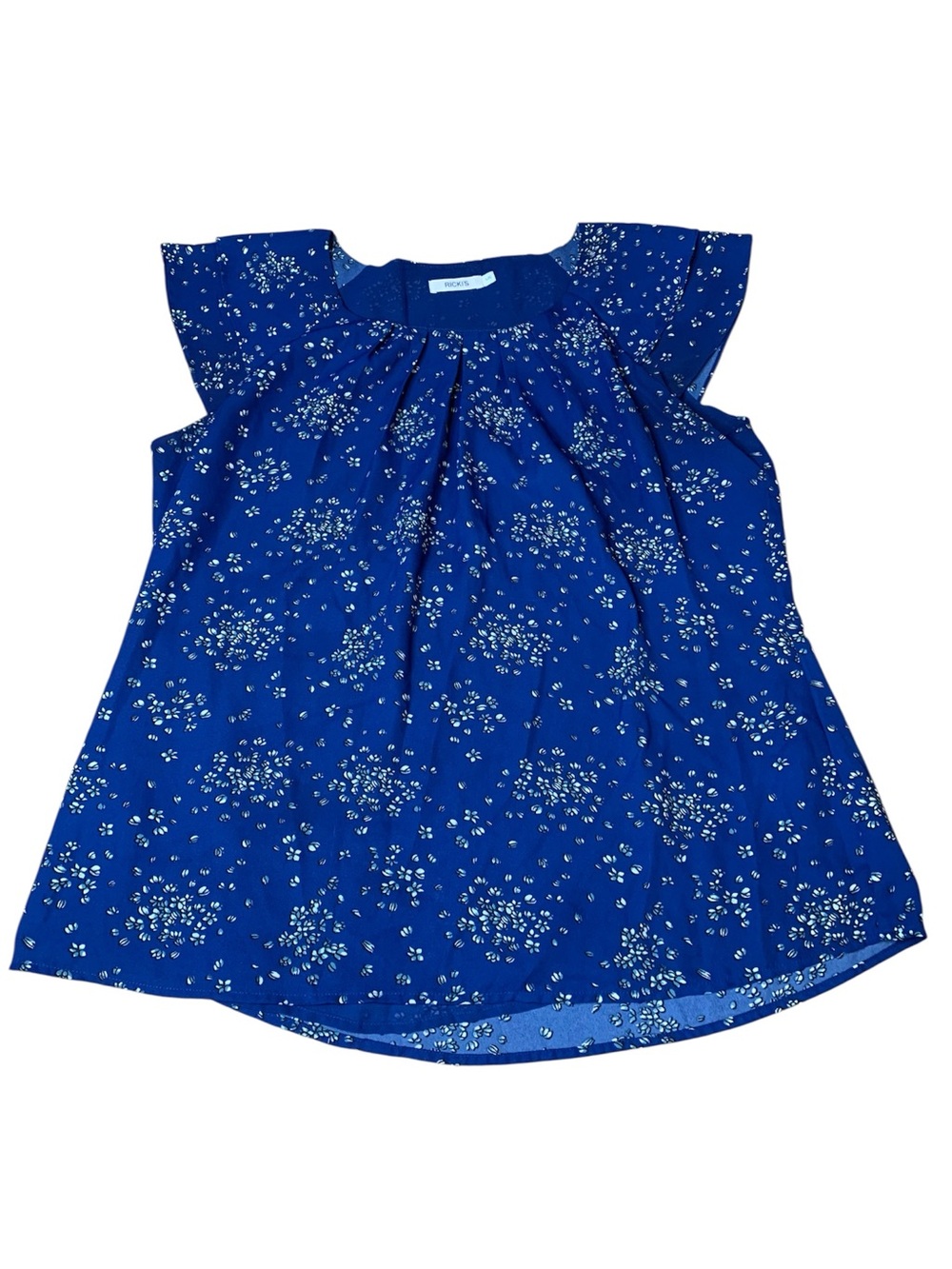Ricki's Blue Floral Blouse Size L Chiffon Flutter Sleeve Pleated Top